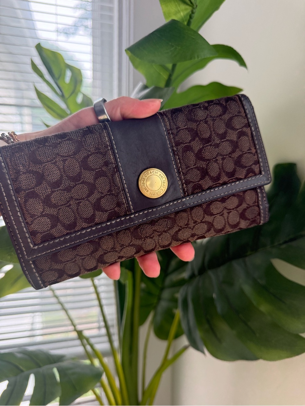 Coach Signature Canvas Wallet in Dark Brown with Black Trim